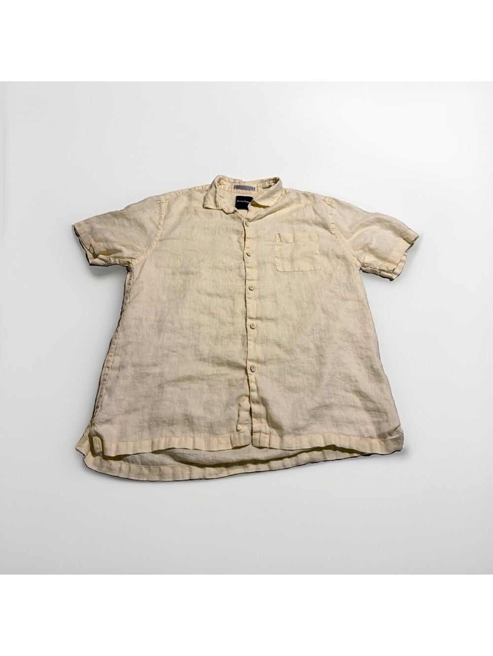 Tommy Bahama Mens Size Large 100% Linen Short Sleeve Button Down Shirt Yellow